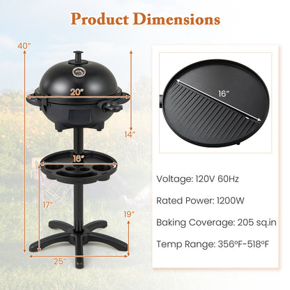 Electric BBQ Grill 1200W Indoor Outdoor Grill with 2-Zone Non-Stick Grilling Plate