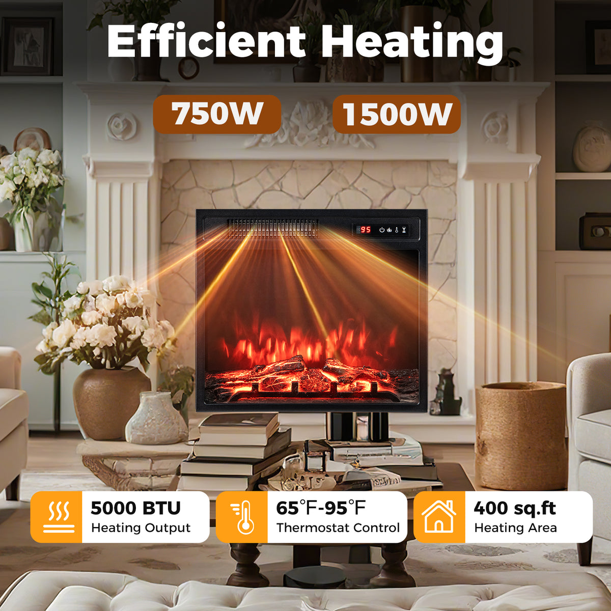 Electric Fireplace Insert 18" with Remote Control 1500W