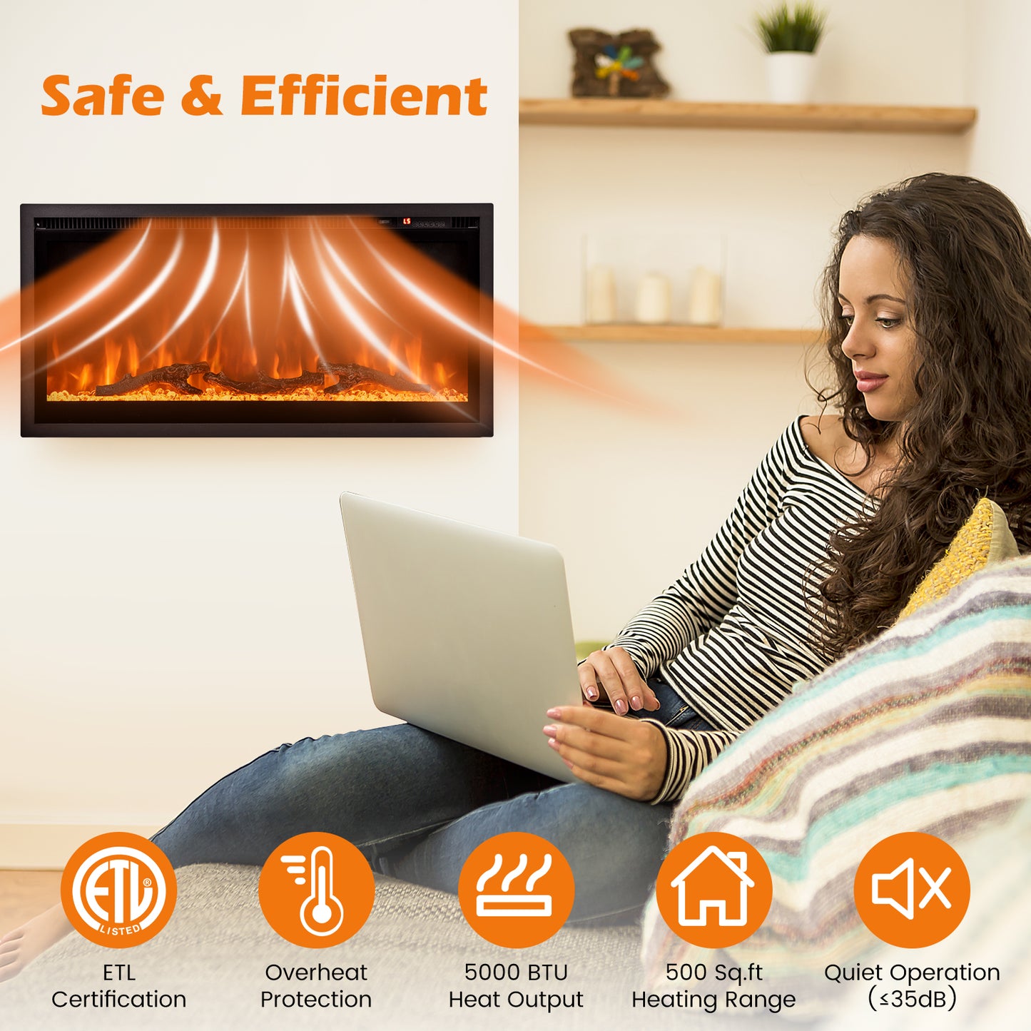 Electric Fireplace in-Wall Recessed with Remote Control and Adjustable Color and Brightness
