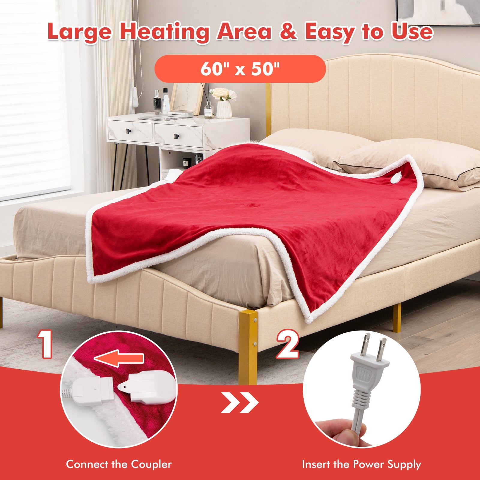 Electric Heated Blanket Throw Reversible Flannel and Sherpa Blanket-Red