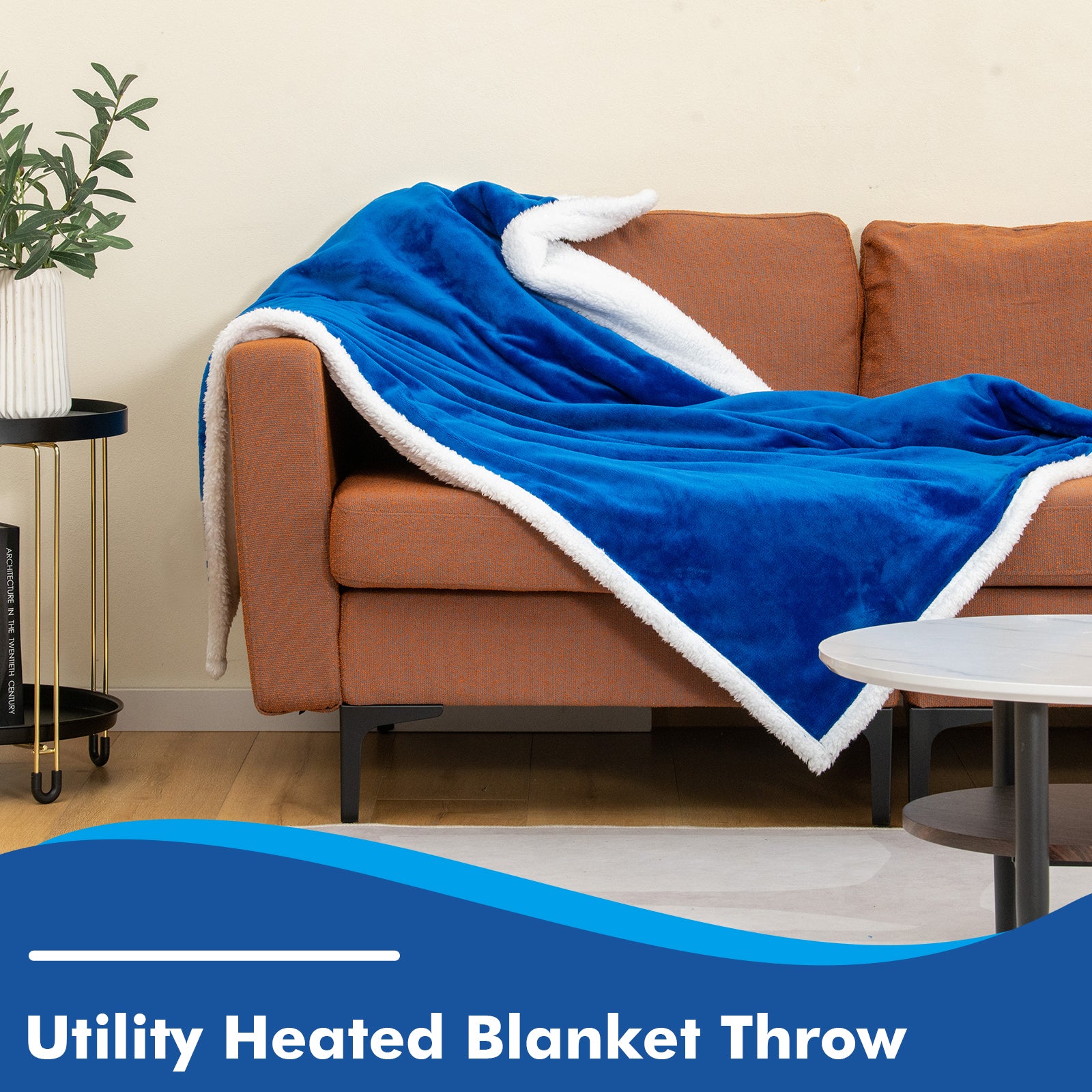 Electric Heated Blanket Throw Reversible Flannel and Sherpa Blanket-Blue