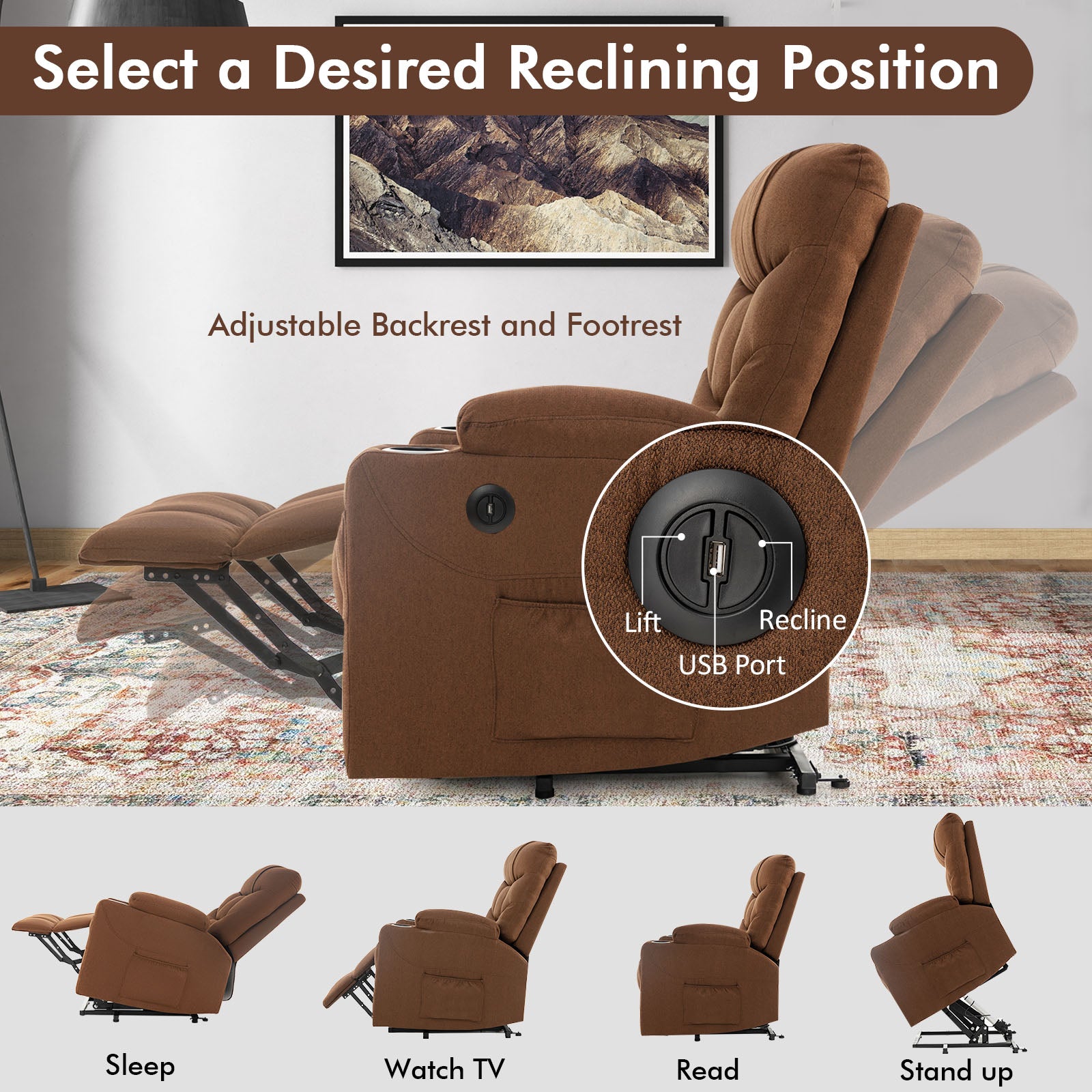 Electric Power Lift Recliner Chair with Adjustable Backrest and Footrest-Brown