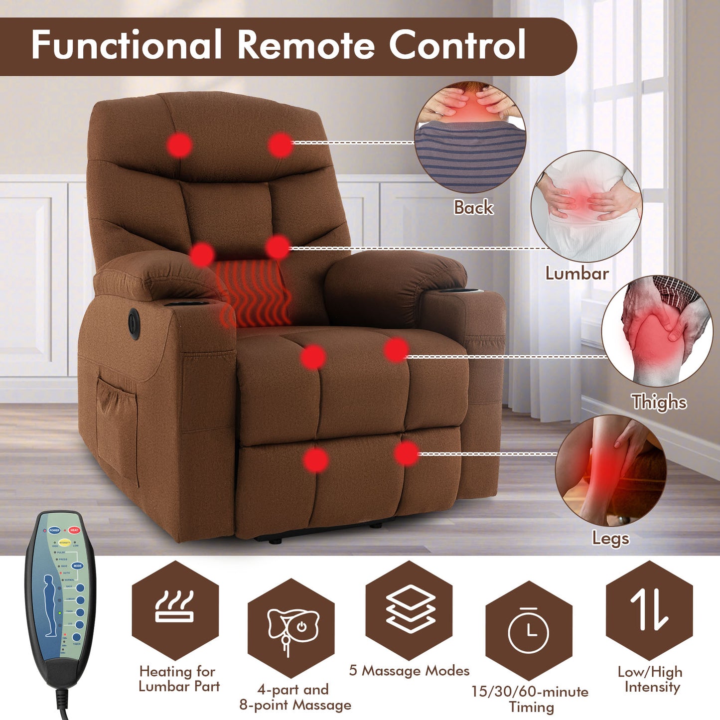 Electric Power Lift Recliner Chair with Adjustable Backrest and Footrest-Brown