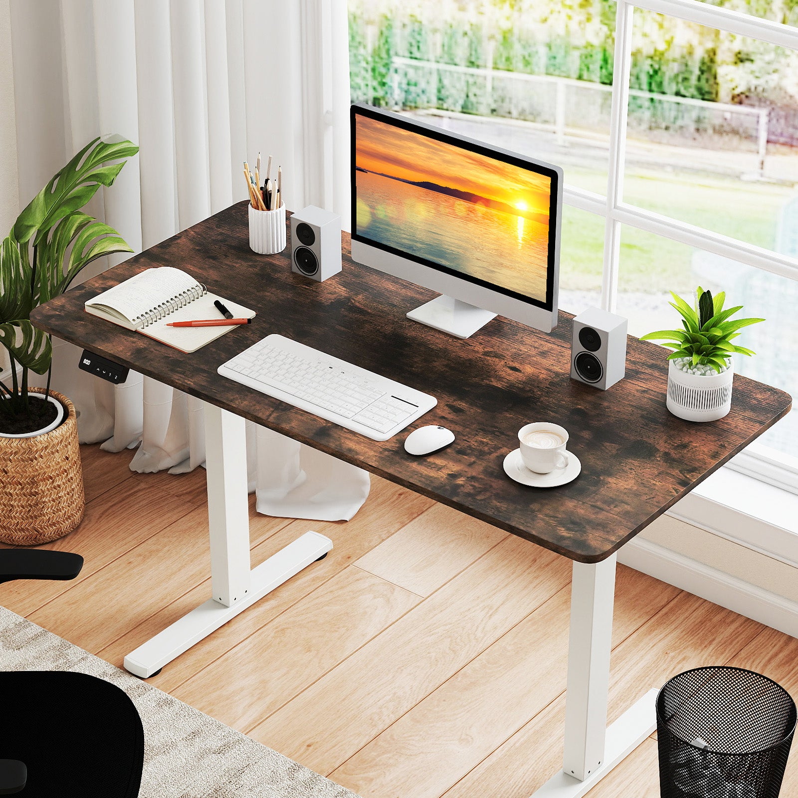 Electric Standing Desk with LED Display and 2 Memory Height Settings-Rustic Brown