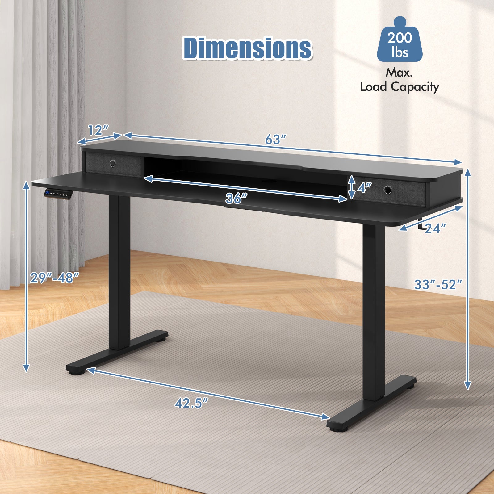 63 Inch x 24 Inch Electric Standing Desk with 2 Drawers-Rustic Brown - Black