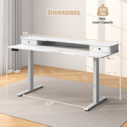 63 Inch x 24 Inch Electric Standing Desk with 2 Drawers-Rustic Brown - White