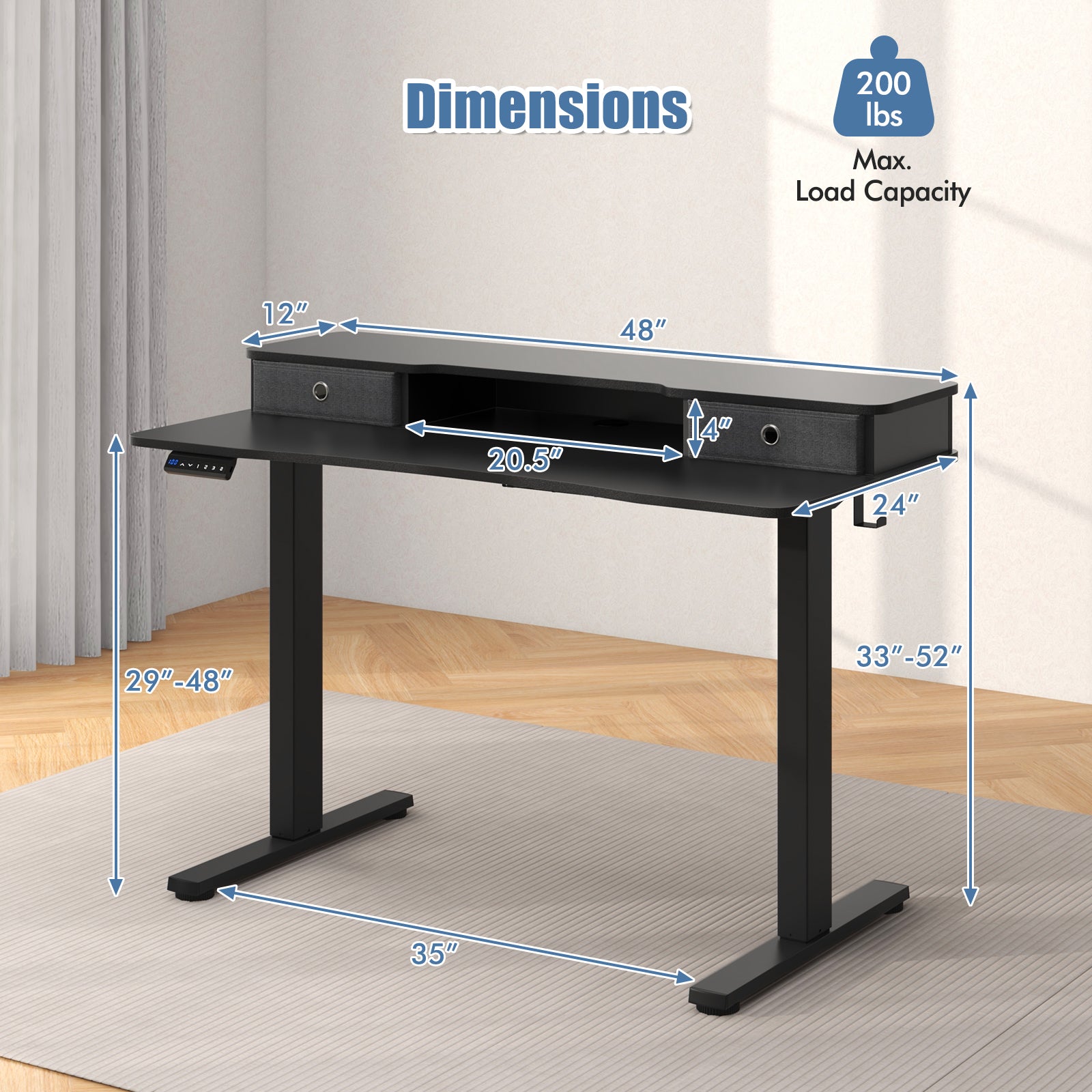 48 Inch x 24 Inch Height Adjustable Electric Standing Desk with 2 Drawers-White - Black