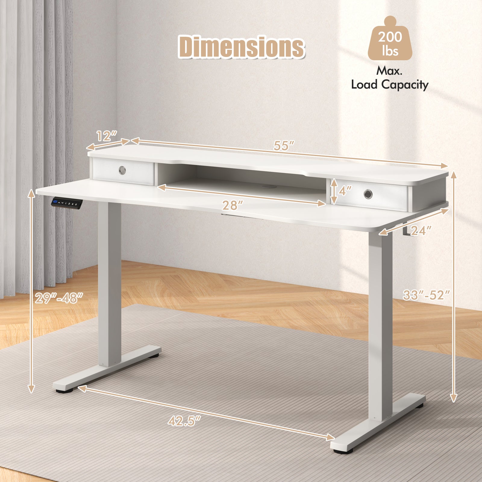 55 Inch x 24 Inch Height Adjustable Electric Standing Desk with 2 Drawers-Brown - White