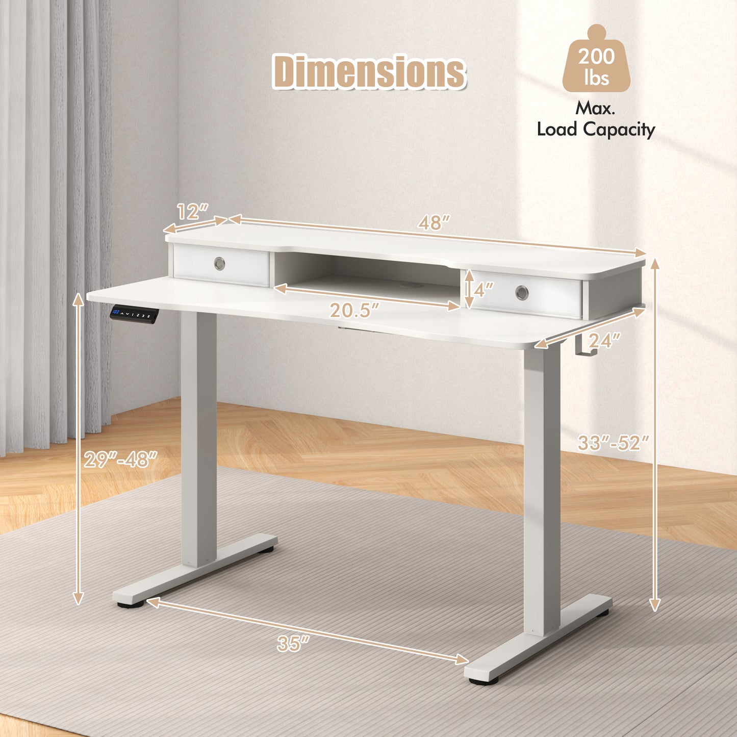 48 Inch x 24 Inch Height Adjustable Electric Standing Desk with 2 Drawers-White - White