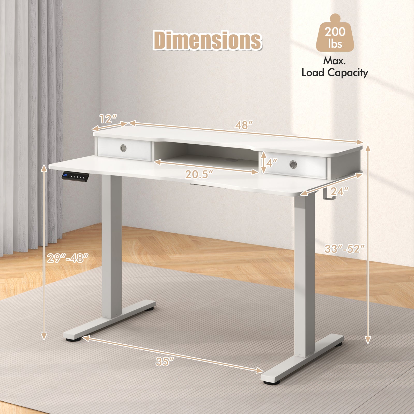 48 Inch x 24 Inch Height Adjustable Electric Standing Desk with 2 Drawers-White - White