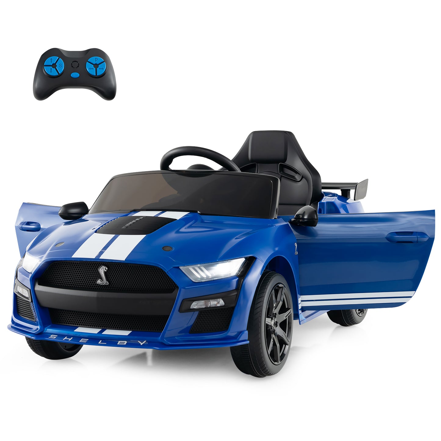 12V Licensed Ford Mustang Shelby GT500 Kids Ride on Car with Remote Control for Kids Aged 3-8-Black - Blue