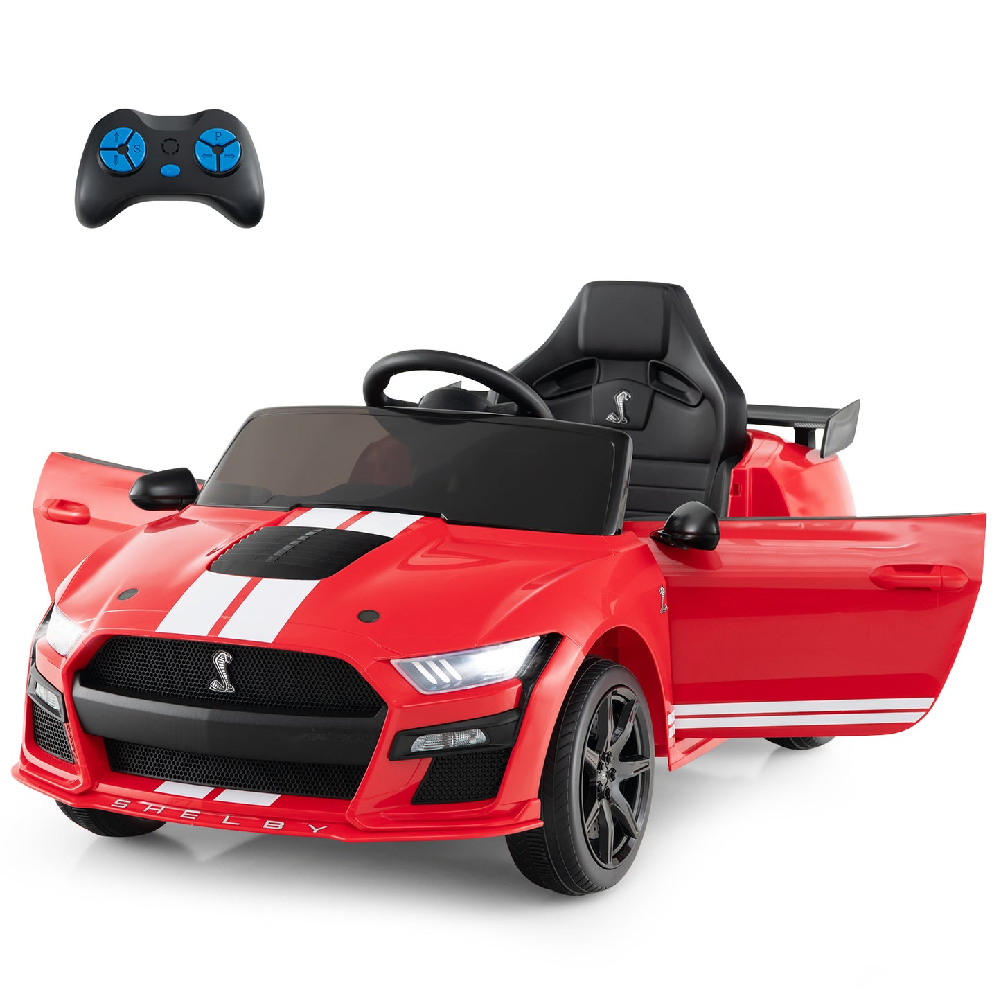12V Licensed Ford Mustang Shelby GT500 Kids Ride on Car with Remote Control for Kids Aged 3-8-Black - Red