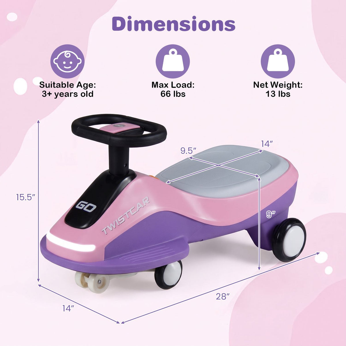 Electric Wiggle Car for Kids Age 3+ Years Old with Flashing Wheels and Front Light