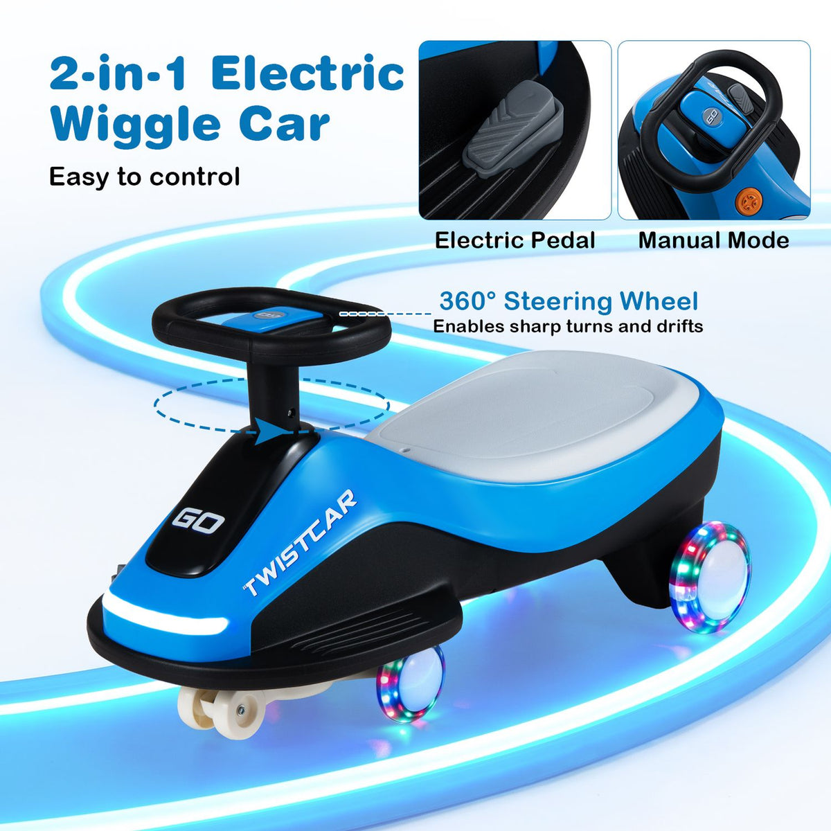 Electric Wiggle Car for Kids Age 3+ Years Old with Flashing Wheels and Front Light