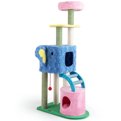 Elephant Themed Cat Tree for Adult Cats Multi-level Kitty Tower with 2 Condos