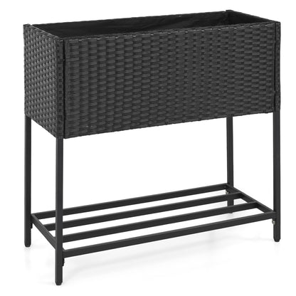 Wicker Raised Garden Bed with Storage Shelf and Removable Liner for Flowers - Black