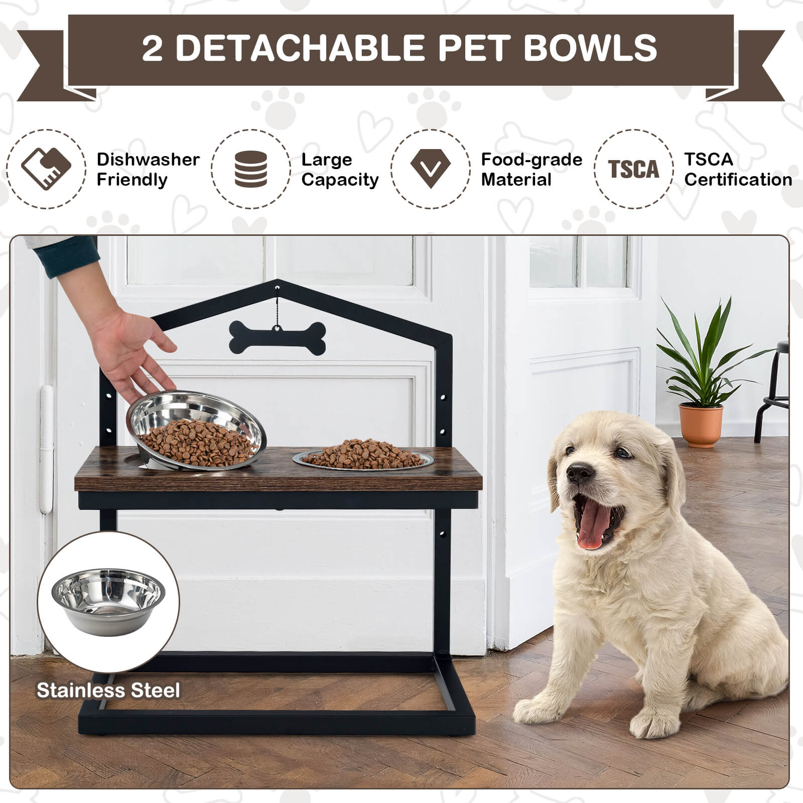 5 Heights Elevated Pet Feeder with 2 Detachable Stainless Steel Bowl-Brown - Brown