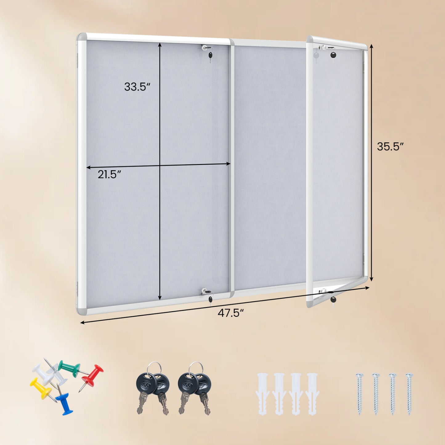 Lockable Cork Bulletin Board 47.5" x 35.5" Aluminum Frame