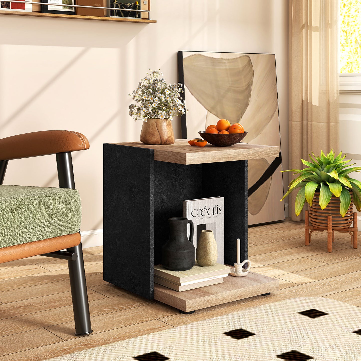 End Table 2-Tier Sofa Side Table with Open Storage Shelf-Oak