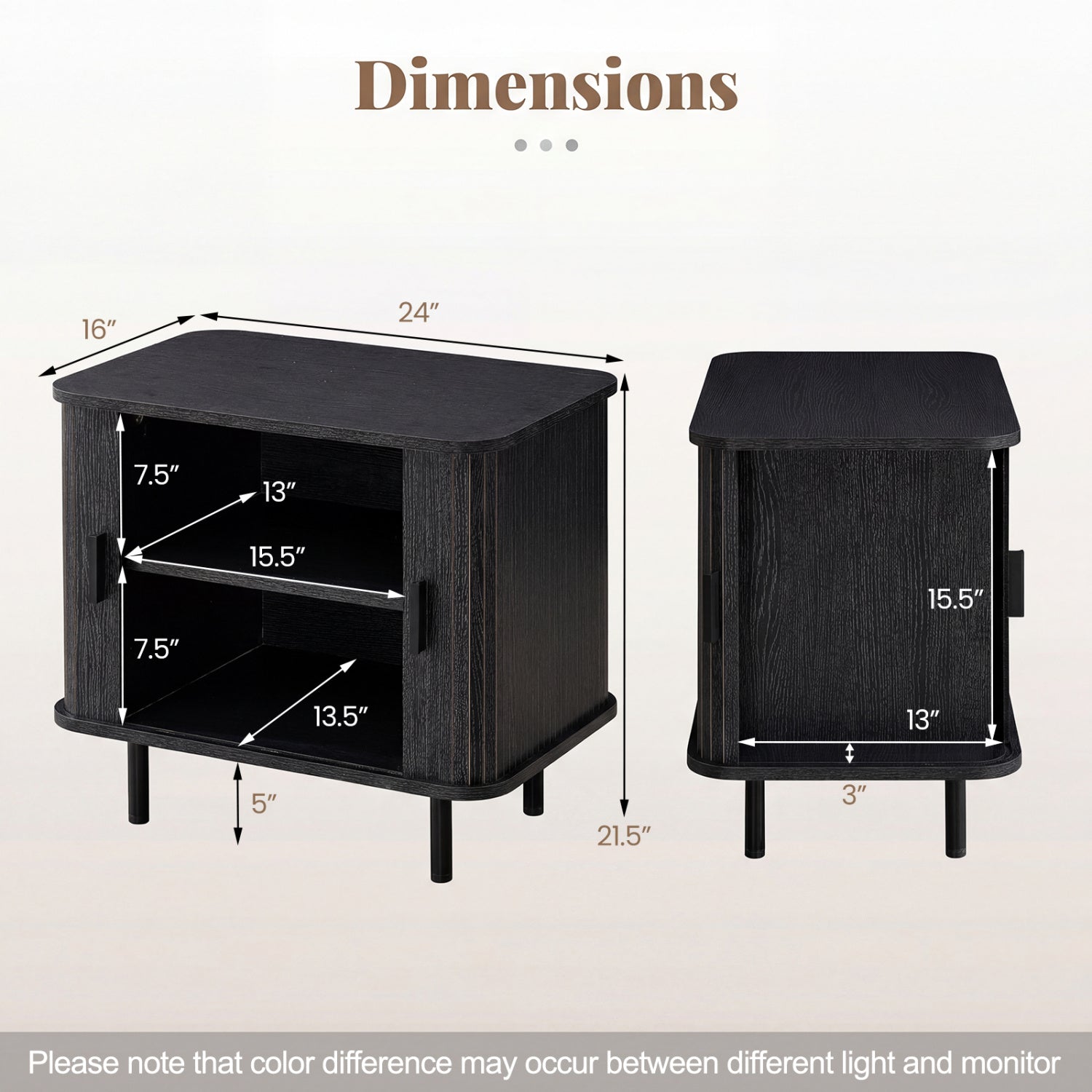 End Table Modern Mid Century Nightstand with Sliding Tambour Doors and Storage Shelf
