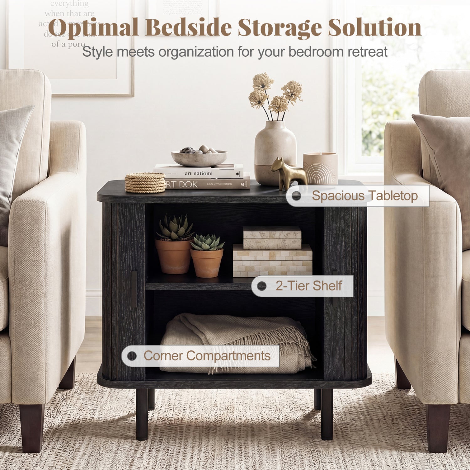 End Table Modern Mid Century Nightstand with Sliding Tambour Doors and Storage Shelf