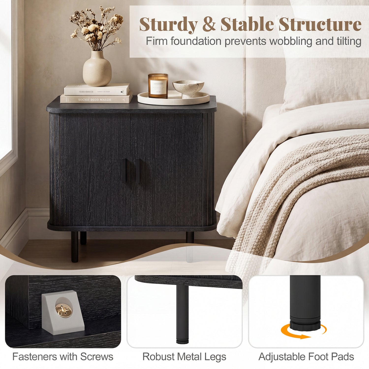 End Table Modern Mid Century Nightstand with Sliding Tambour Doors and Storage Shelf