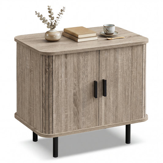 End Table Modern Mid Century Nightstand with Sliding Tambour Doors and Storage Shelf