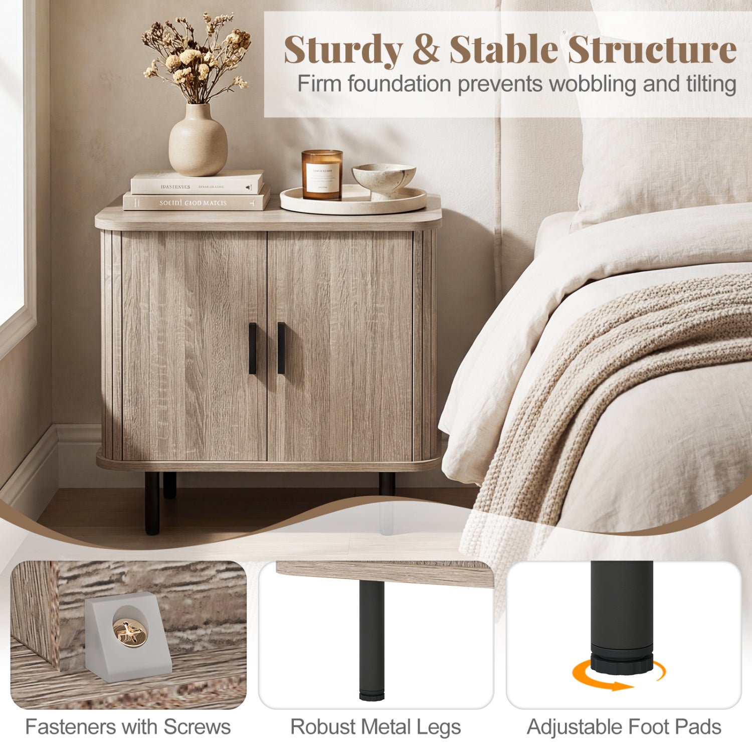 End Table Modern Mid Century Nightstand with Sliding Tambour Doors and Storage Shelf