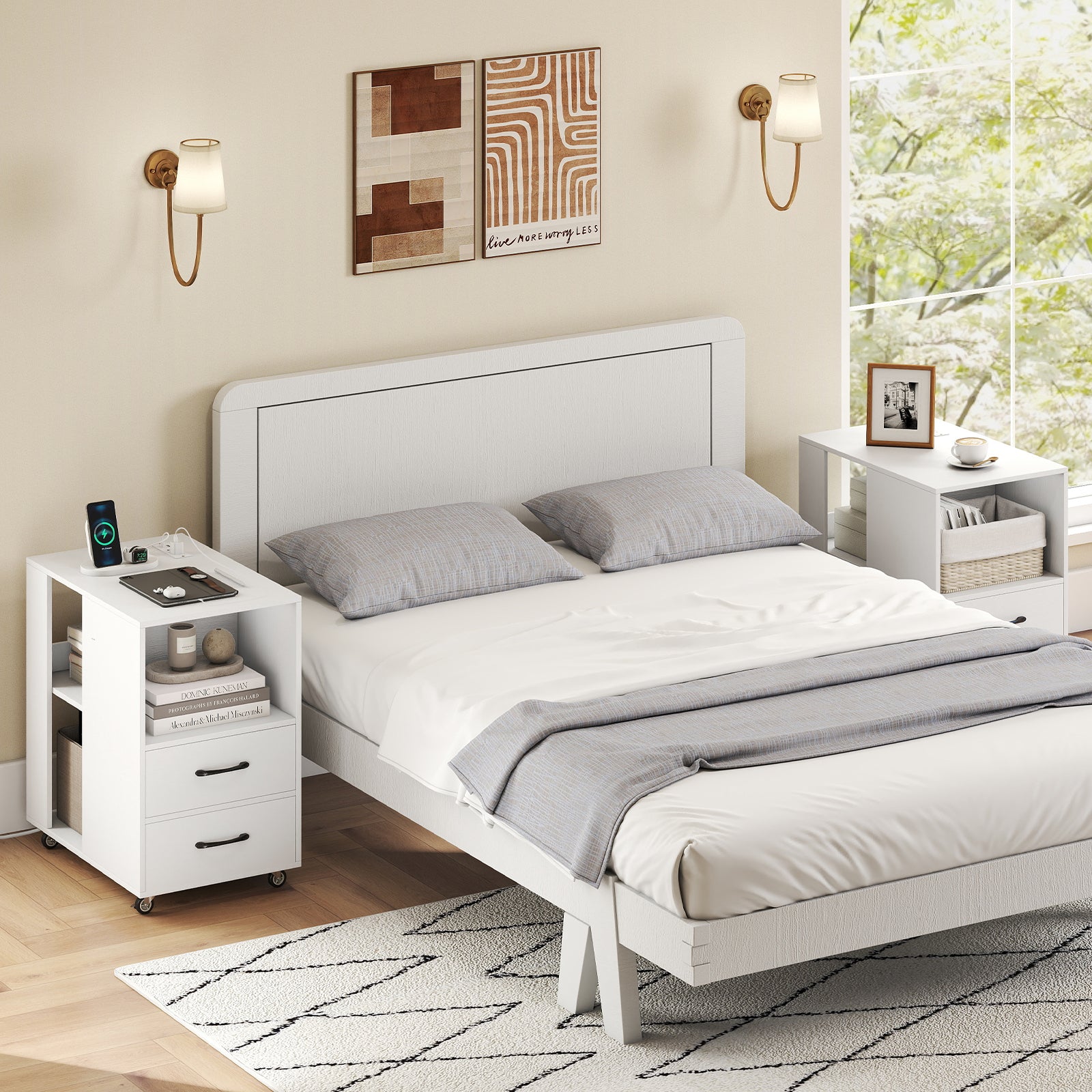 End Table with Built-in Charging Station Sofa Side Bedside Table on Wheels-White
