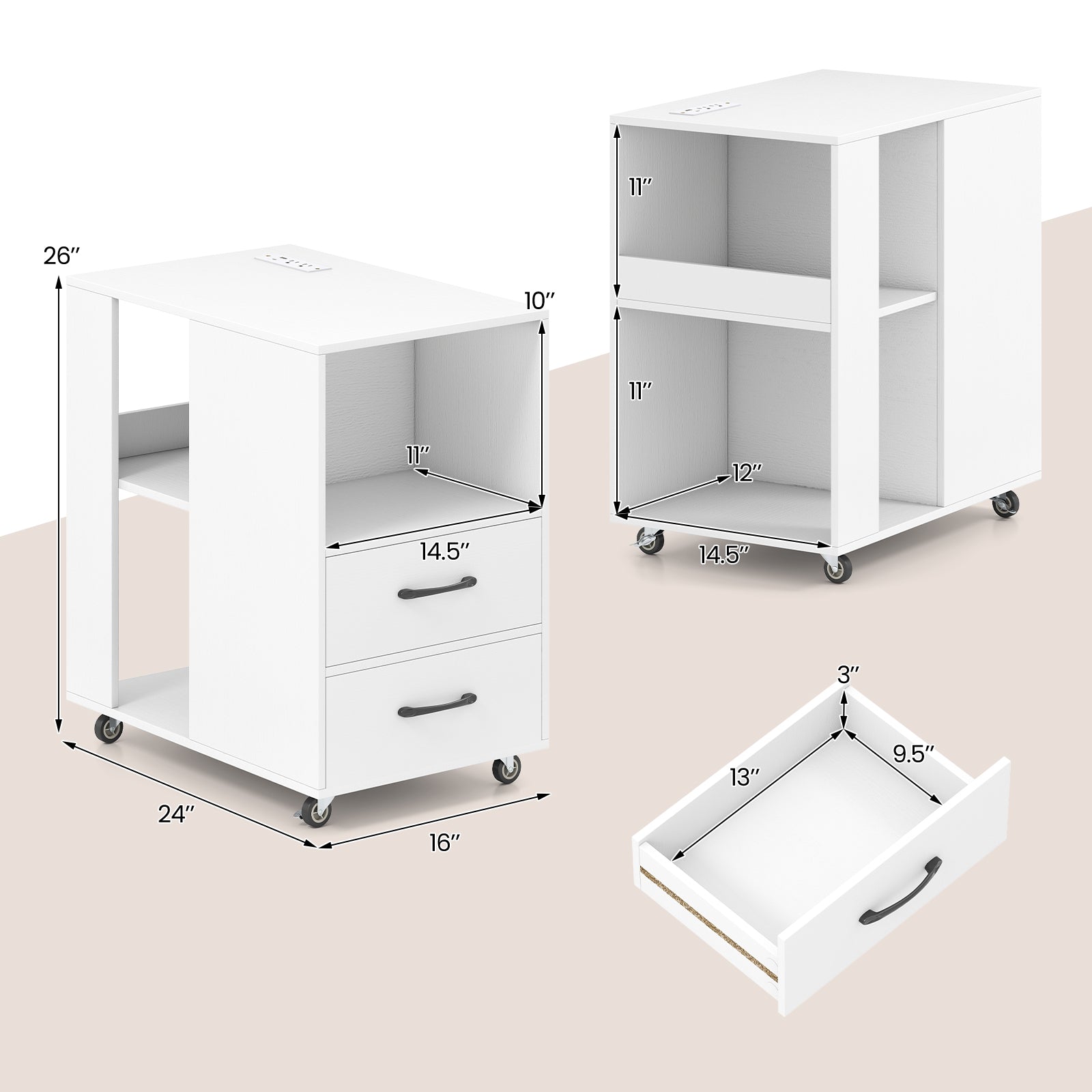 End Table with Built-in Charging Station Sofa Side Bedside Table on Wheels-White