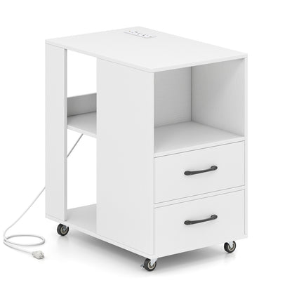 End Table with Built-in Charging Station Sofa Side Bedside Table on Wheels-White