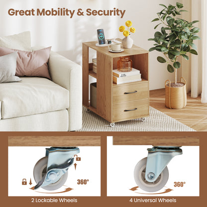 End Table with Built-in Charging Station Sofa Side Bedside Table on Wheels-Natural