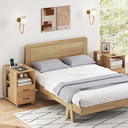 End Table with Built-in Charging Station Sofa Side Bedside Table on Wheels-Natural
