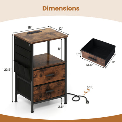 End Table with Charging Station Set of 1 Nightstand with 2 Folding Fabric Drawers
