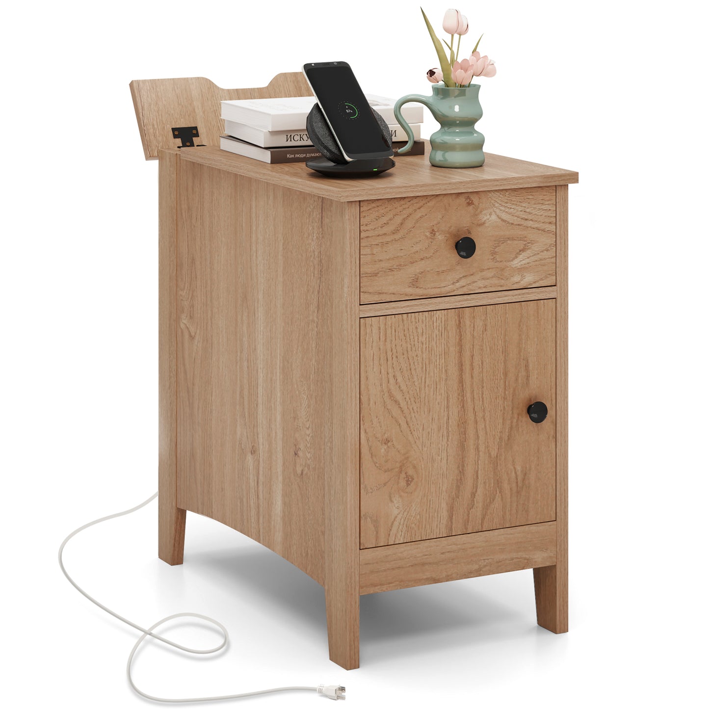 Flip Top End Table with Charging Station USB Ports Outlets and Drawer-Natural - Natural