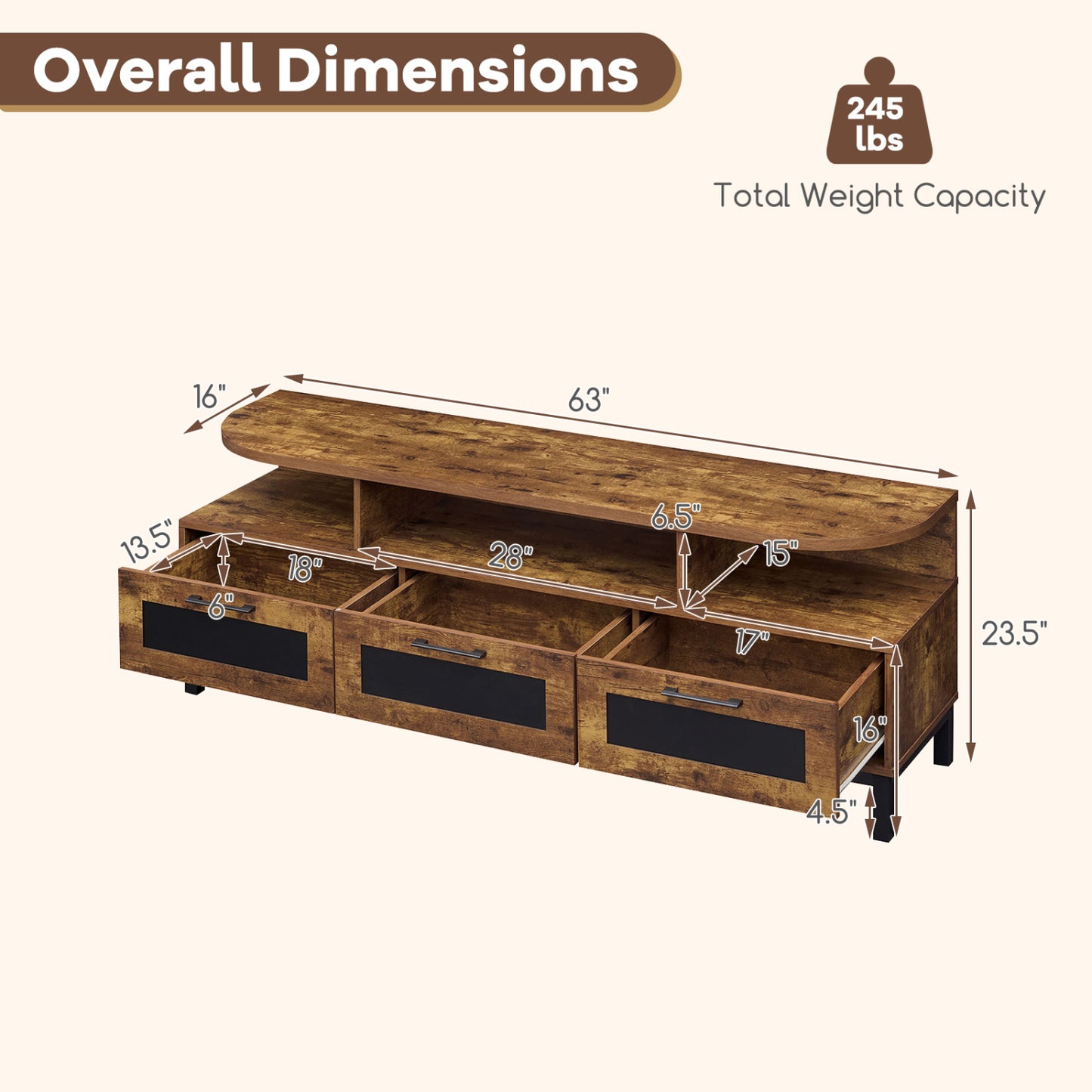 Entertainment Center with 3 Storage Drawers and Open Shelves