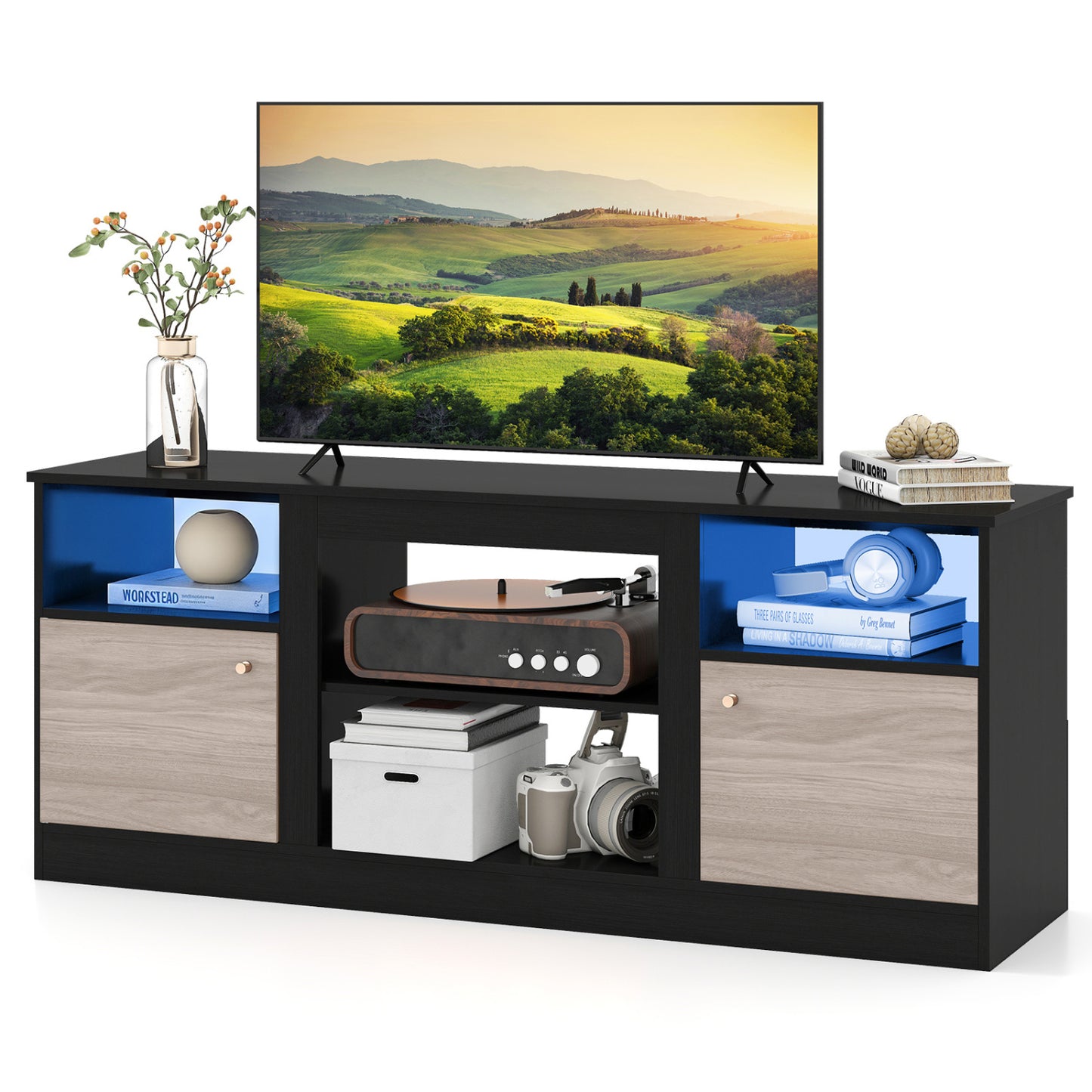 TV Stand for 65" TVs with LED Lighting & Fireplace Insert