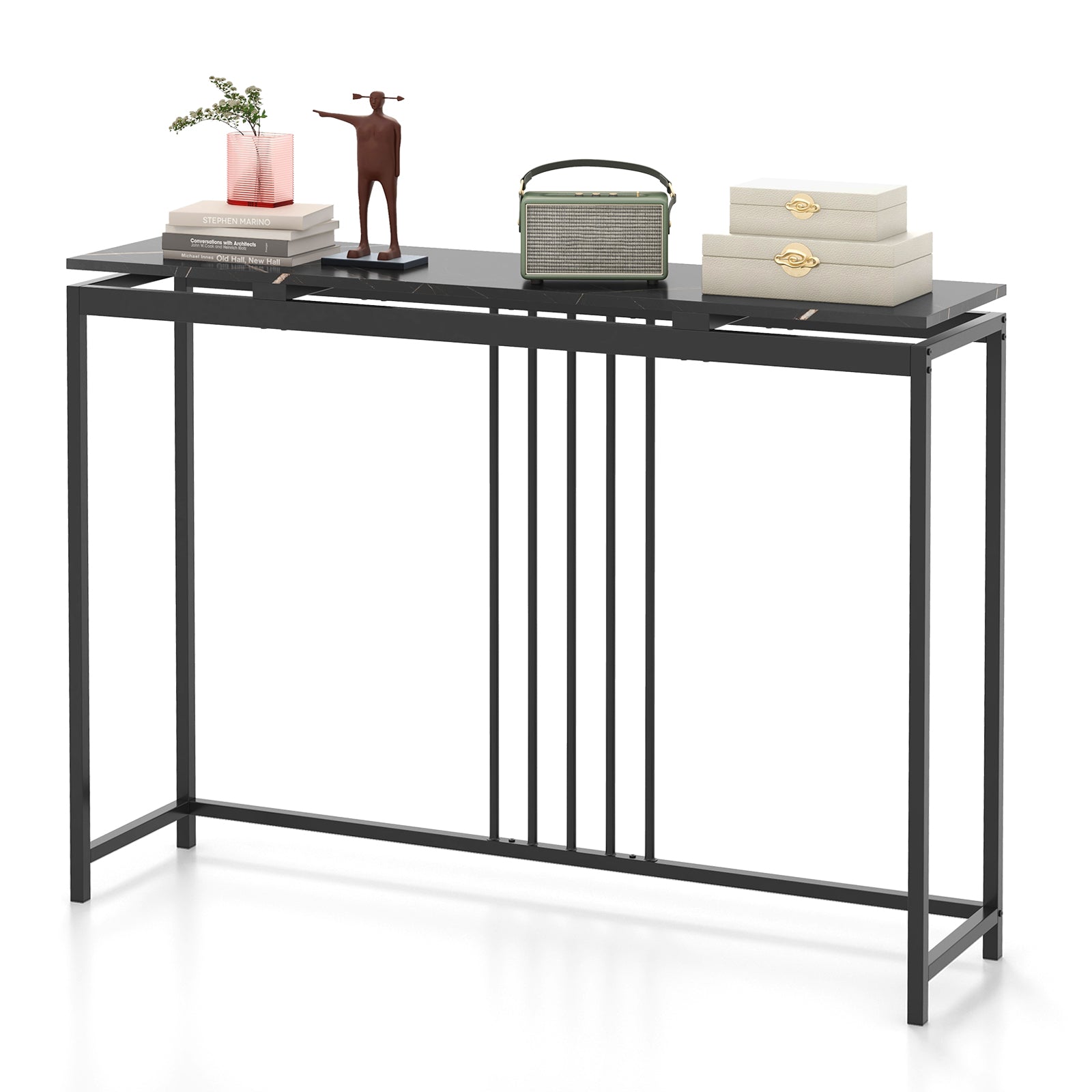 Entrance Couch Table with Narrow Faux Marble Top for Living Room and Hallway-Black