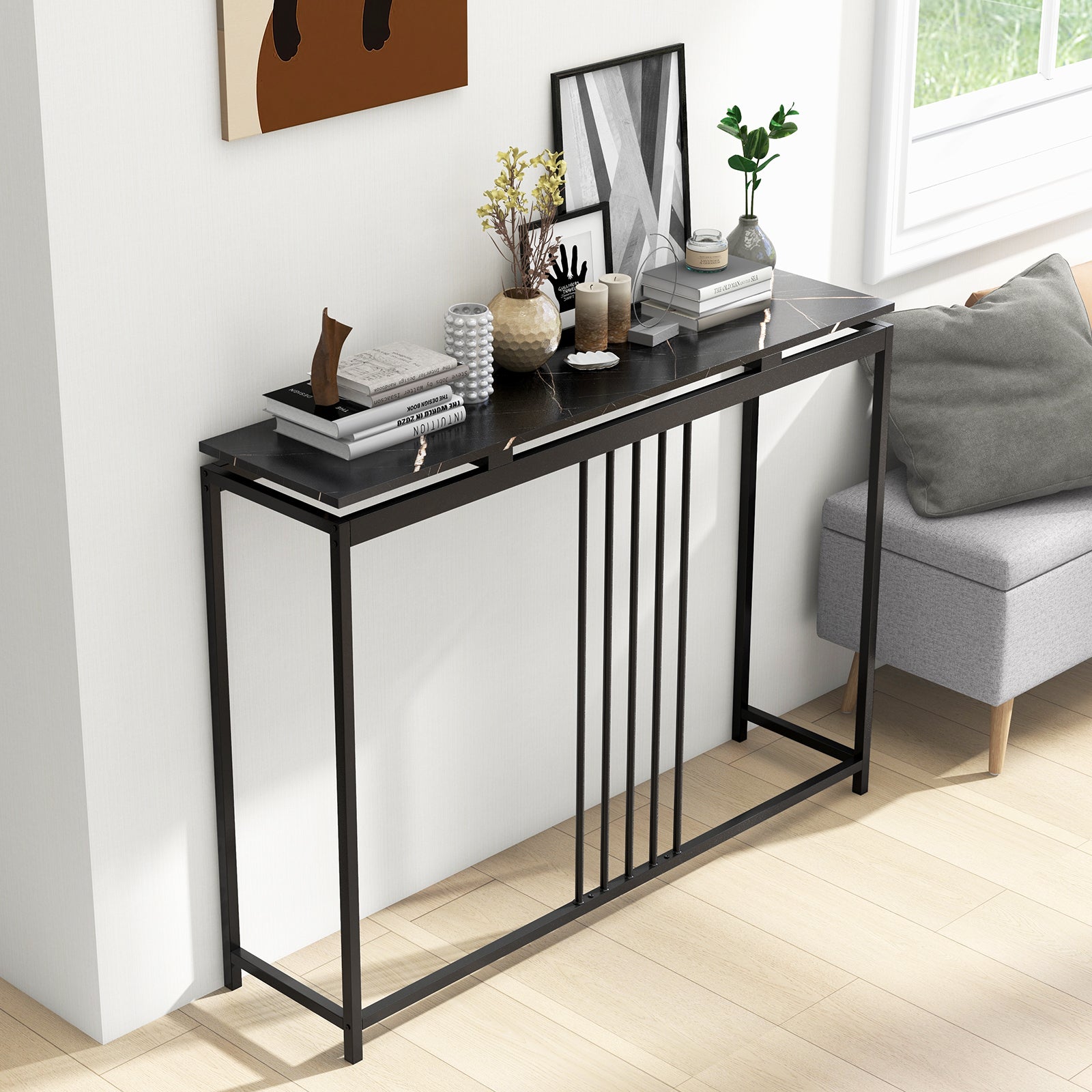 Entrance Couch Table with Narrow Faux Marble Top for Living Room and Hallway-Black