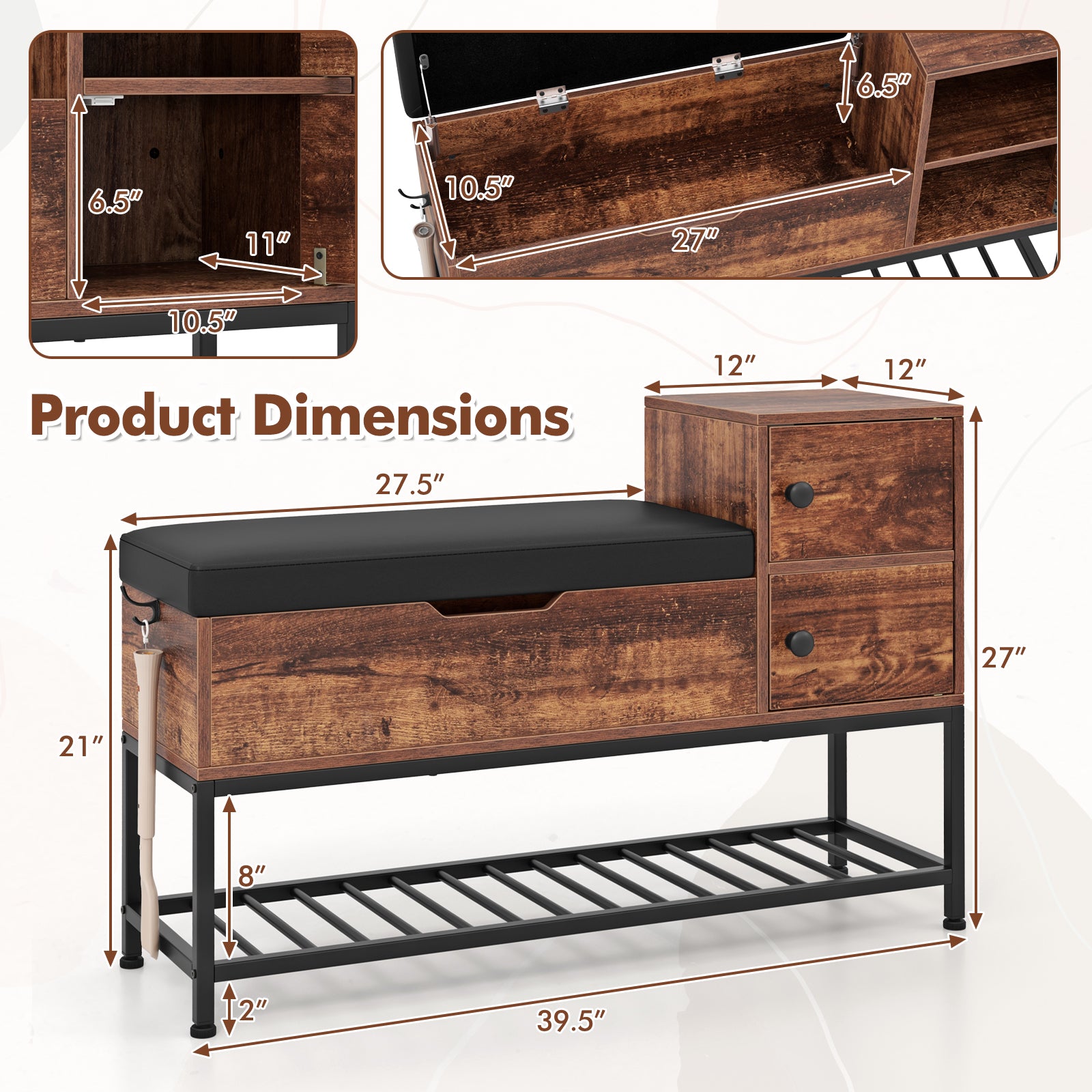 Entryway Bench with Flip Top Box and 2 Door Cabinets for Entryway-Rustic Brown