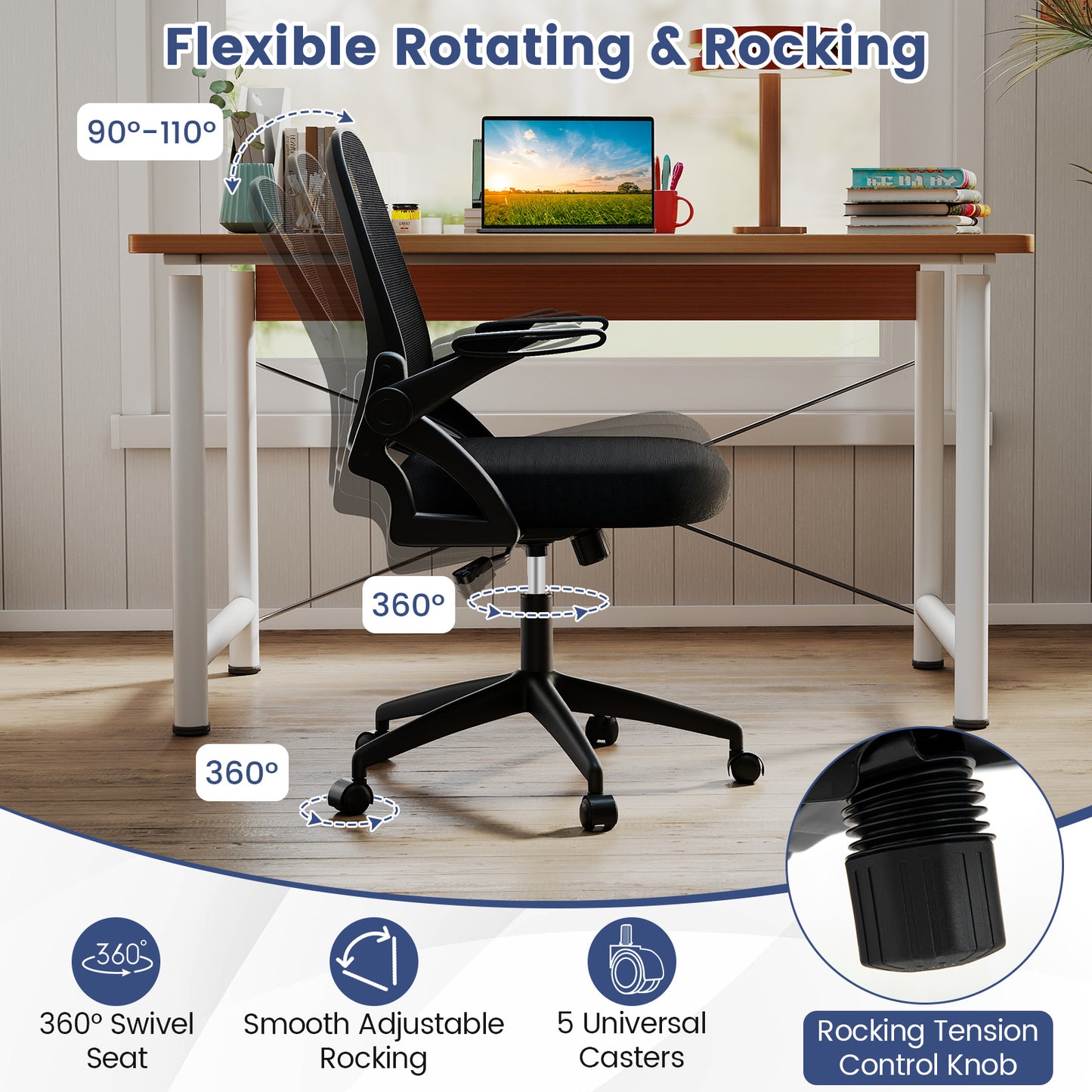 Ergonomic Computer Desk Chair with Lumbar Support and Flip-up Arms-Black