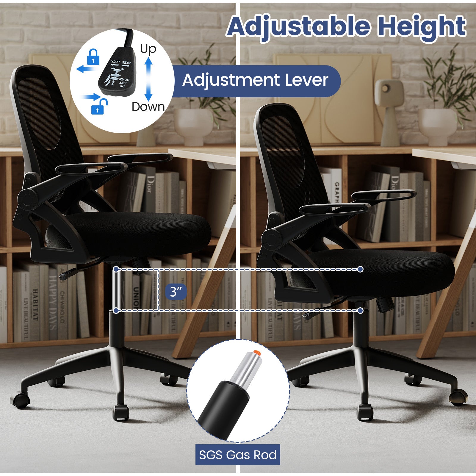 Ergonomic Computer Desk Chair with Lumbar Support and Flip-up Arms-Black