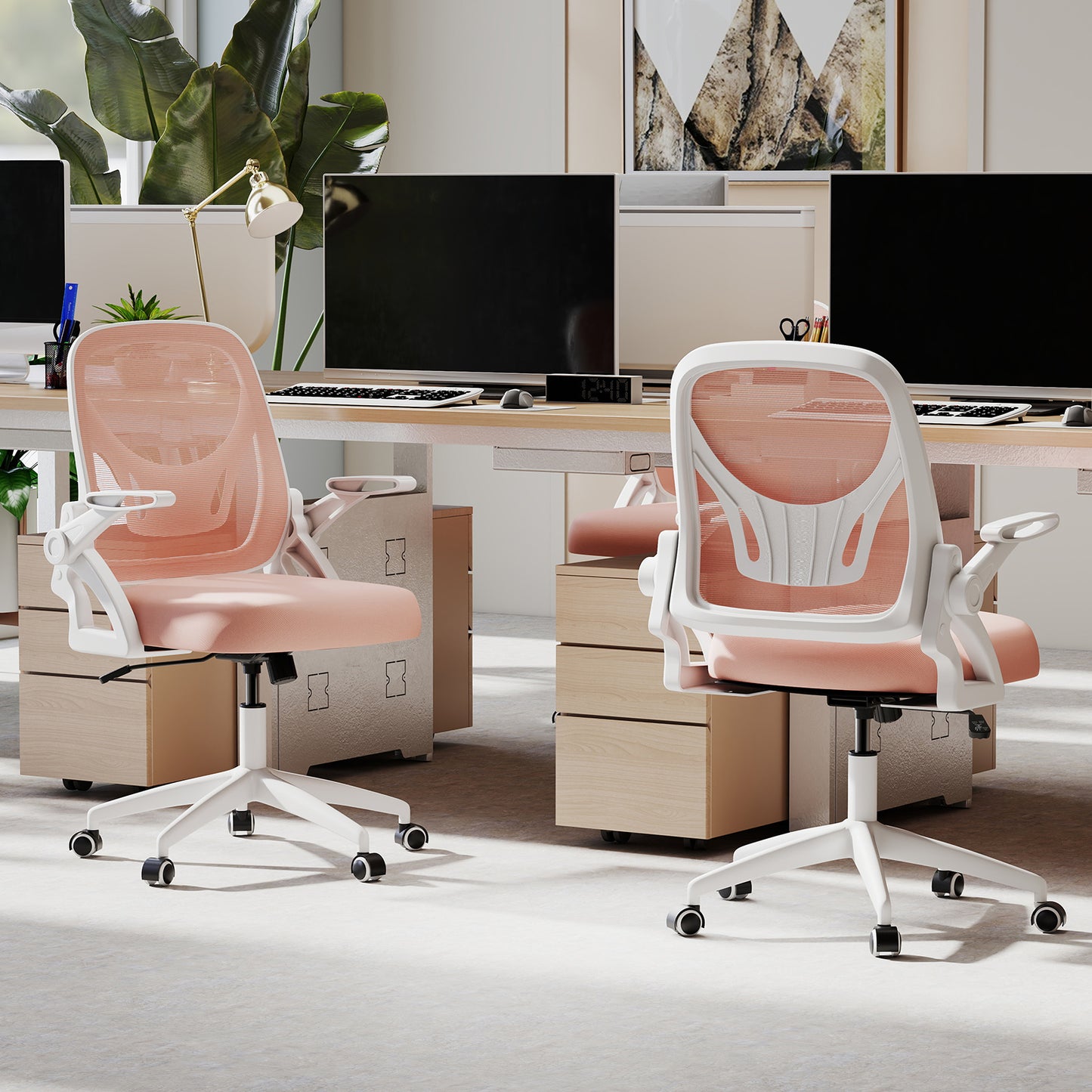 Ergonomic Computer Desk Chair with Lumbar Support and Flip-up Arms-Pink