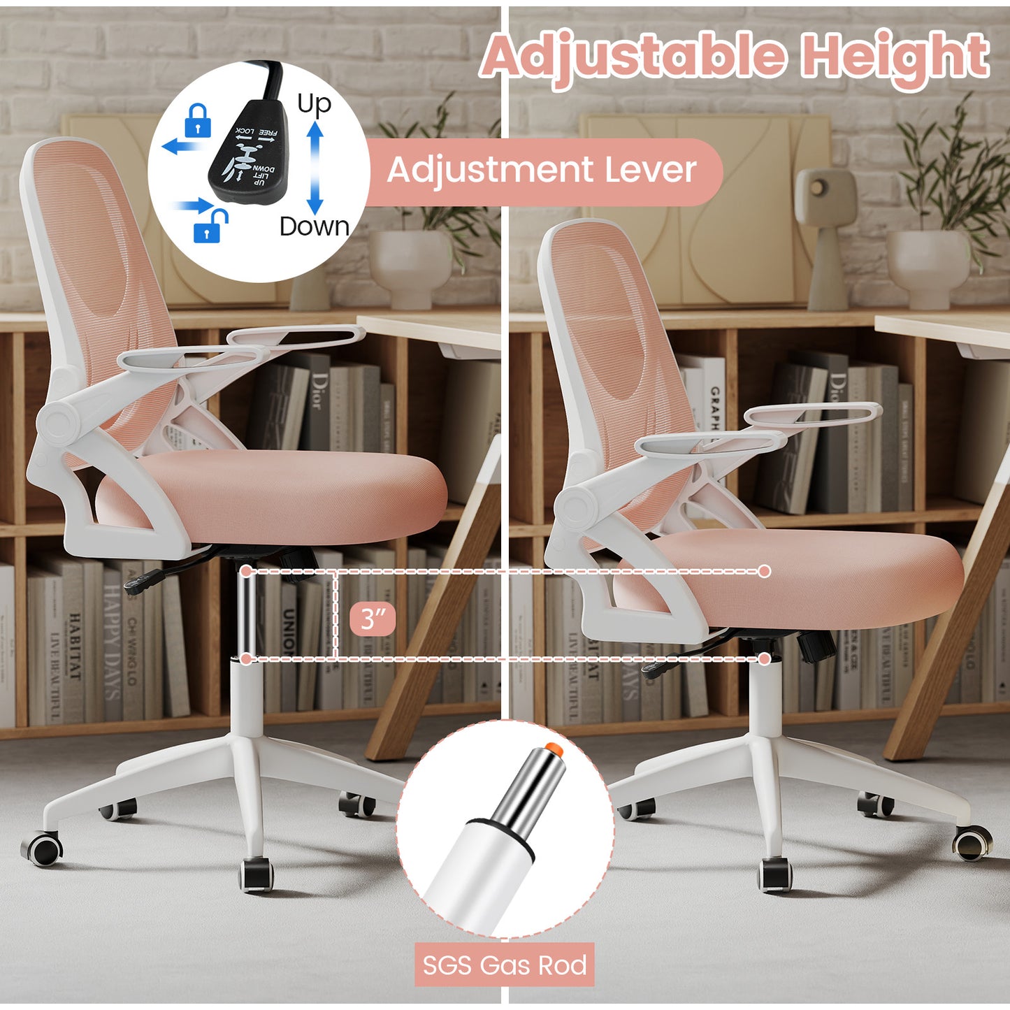 Ergonomic Computer Desk Chair with Lumbar Support and Flip-up Arms-Pink