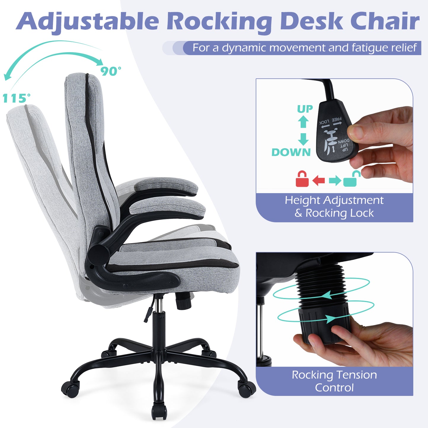 Ergonomic Computer Office Chair with 90¬∞ Flip-up Armrests-Gray
