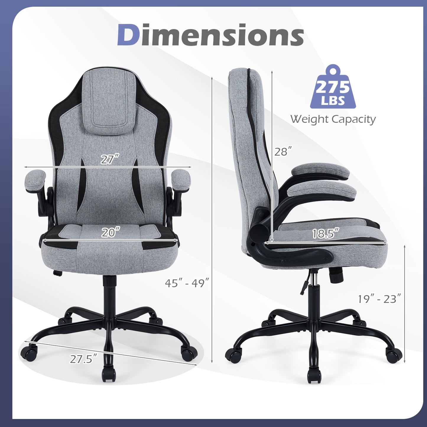 Ergonomic Computer Office Chair with 90¬∞ Flip-up Armrests-Gray