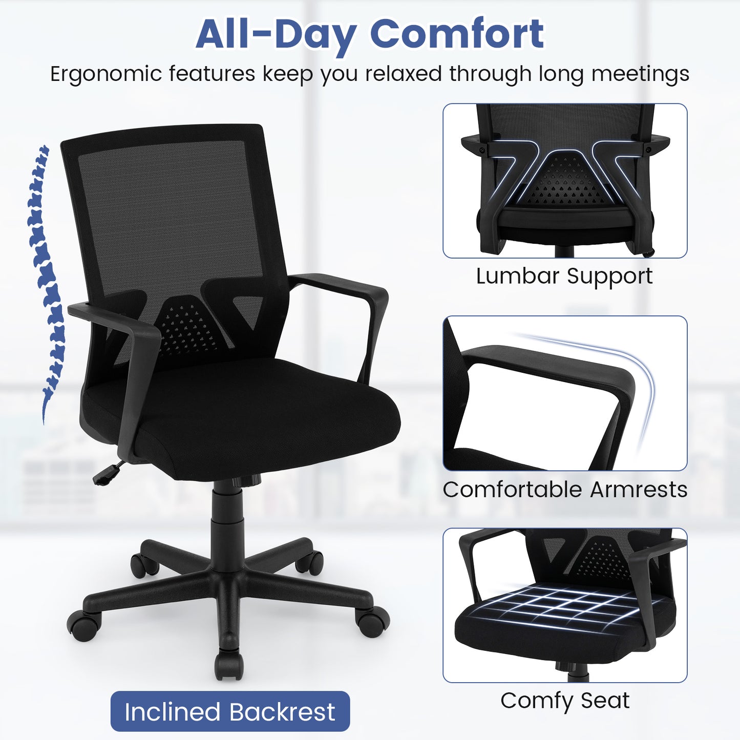 Ergonomic Desk Chair with Lumbar Support and Rocking Function-Black