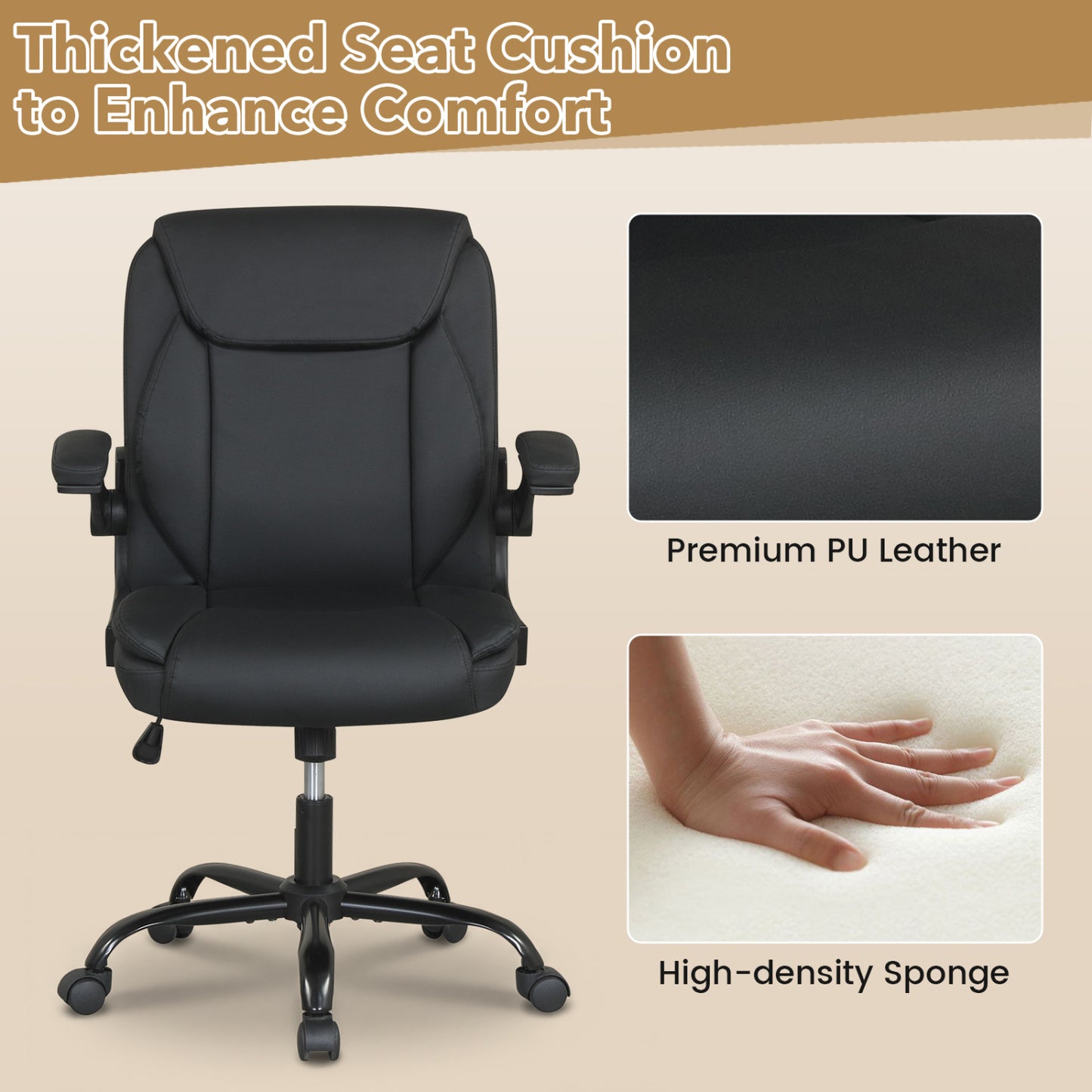 Ergonomic Leather Office Chair with Flip-up Armrests and Rocking Function