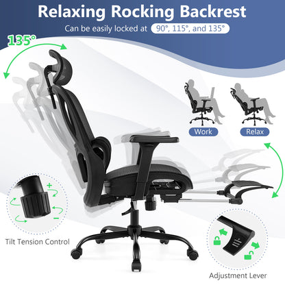 Ergonomic Office Chair Swivel Computer Desk Chair with Rotating Headrest-Black
