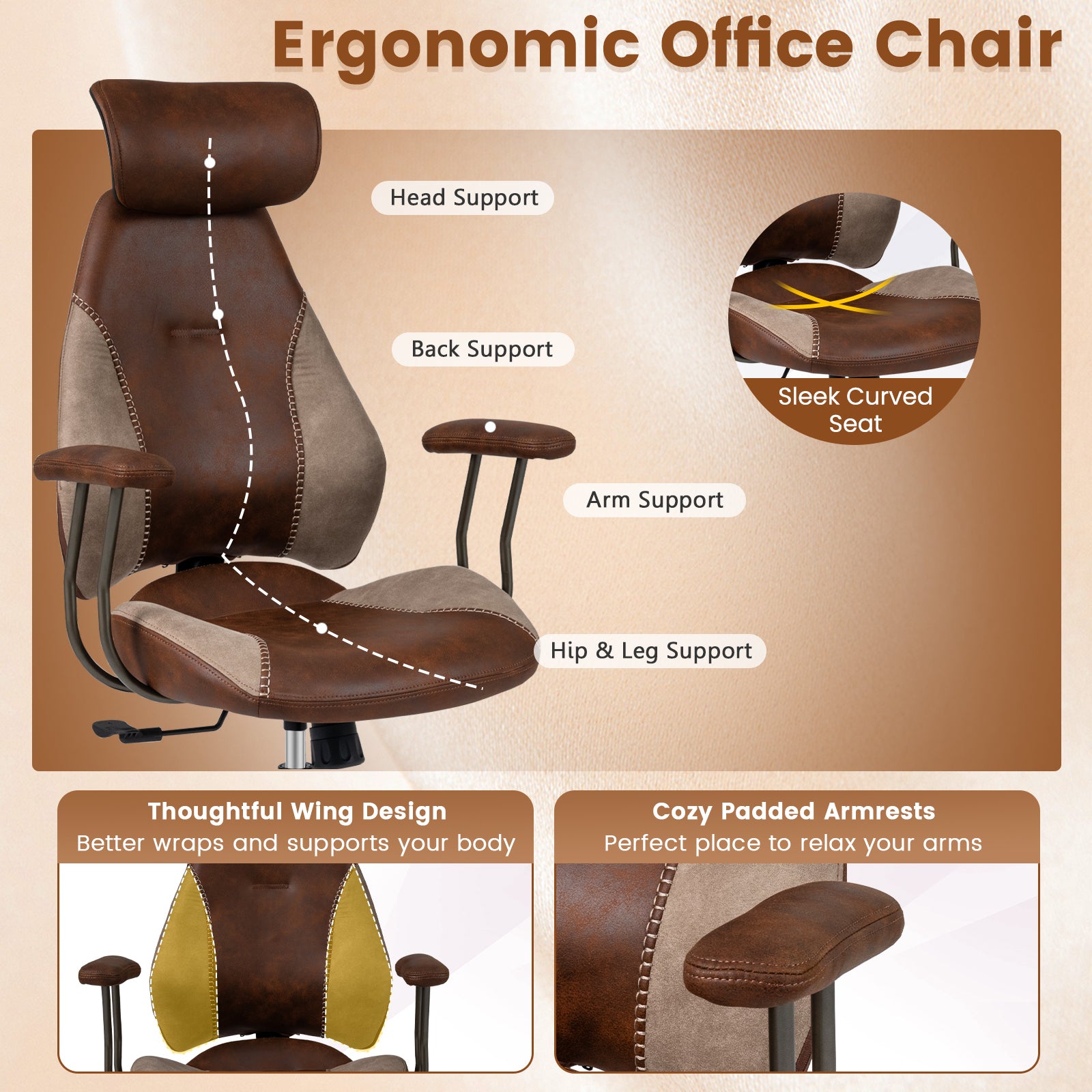 Ergonomic Office Chair Computer Desk Chair with 2D Headrest and Rocking Backrest-Brown